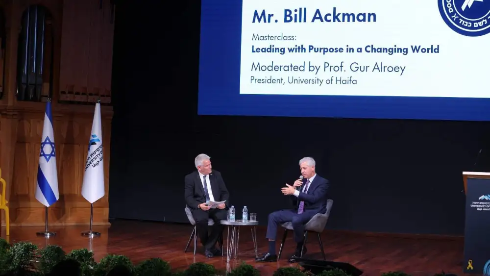 US billionaire investor speaking at Haifa University on Sunday. Credit: Roy Hermoni, September 14, 2025.