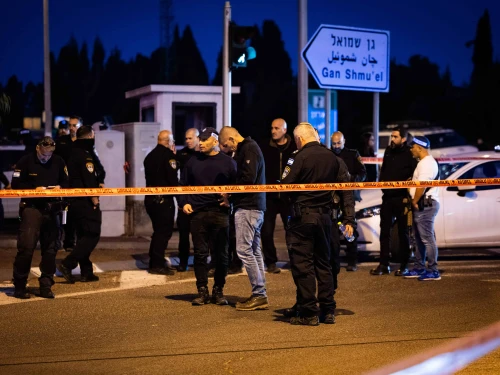 Police at the scene of a terrorist car-ramming attack at the Karkur Junction, Feb. 27, 2025. Photo by Itay Cohen/Flash90.