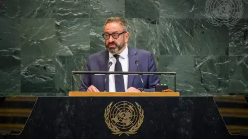 San Marino Foreign Minister Luca Beccari addresses the 80th session of the U.N. General Assembly in New York on Sept. 27, 2025. Credit: United Nations.