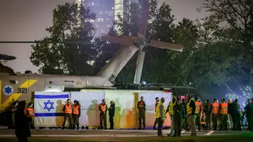 An Israeli military helicopter carrying Israeli hostages released by Hamas arrives at the Schneider Children's Medical Center in Petah Tikva, Nov. 26, 2023. Photo by Yossi Aloni/Flash90.