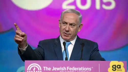 Click photo to download. Caption: Prime Minister Benjamin Netanyahu addresses the General Assembly of The Jewish Federations of North America on Tuesday in Washington, DC. Credit: Ron Sachs.