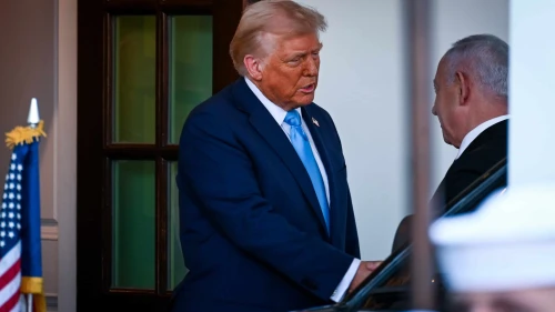 U.S. President Donald Trump greets Israeli Prime Minister Benjamin Netanyahu at the White House in Washington D.C., Feb. 4, 2025. Photo by Liri Agami/Flash90.