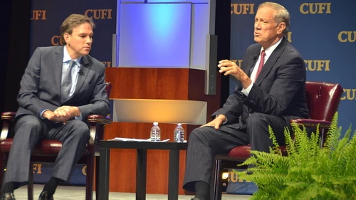 Republican presidential candidate and former New York Gov. George Pataki (right) gives an interview with Bret Stephens of "The Wall Street Journal" on stage at the 2017 Christians United for Israel Washington Summit. Credit: Maxine Dovere.