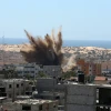 Flames and smoke billow after an Israeli airstrike in Rafah, in the southern Gaza Strip, on May 19, 2021. Photo by Abed Rahim Khatib/Flash90.