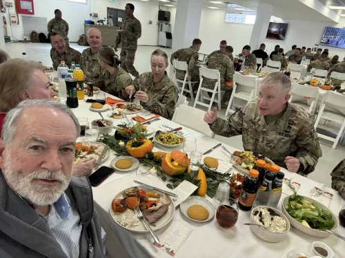 U.S. Ambassador to Israel Mike Huckabee and his wife, Janet, celebrate Thanksgiving together with American service members stationed in Kiryat Gat, Israel, on Nov. 27, 2025. Credit: The U.S. Embassy Jerusalem.