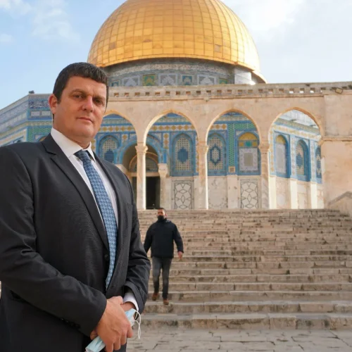 Likud MK Amit Halevi in front of the Dome of the Rock at the Temple Mount in Jerusalem. Source: Twitter