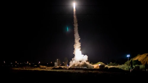 An Iron Dome interceptor missile is launched at a rocket fired from Gaza, July 11, 2014. Photo by Kobi Richter/TPS.