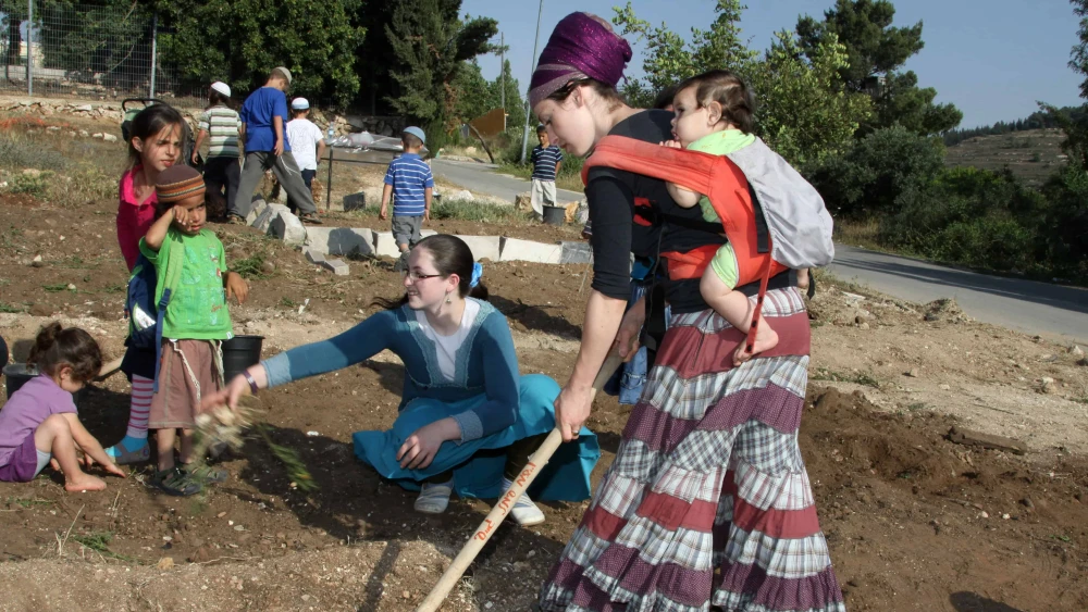 Women and children from Jewish settler families work on a plot to plant flowers and vegetables for a community garden project in the West Bank Jewish settlement of Bat Ayin in Gush Etzion, near Jerusalem, on May 21, 2013. Photo by Gershon Elinson/Flash90.