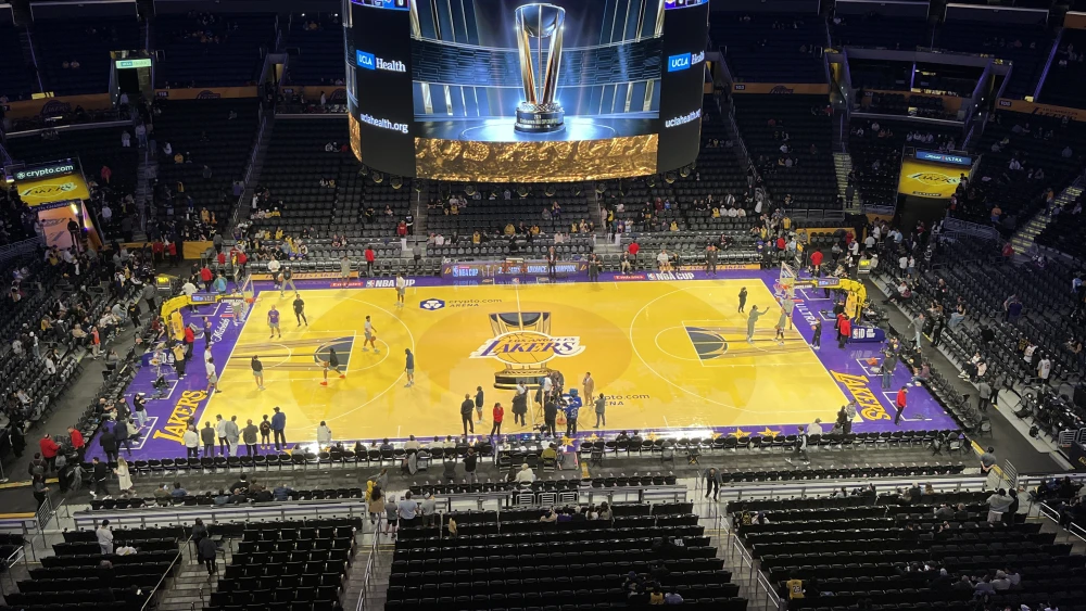 The Los Angeles Lakers' court during the 2024 NBA Cup, at the Crypto.com Arena in Los Angeles, Nov. 29, 2024. Credit: Troutfarm27 via Wikimedia Commons.