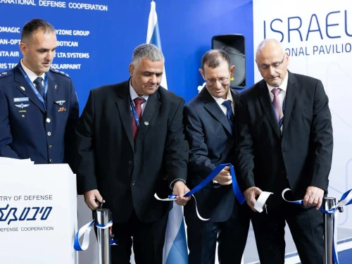 (Right to left) Israel Ambassador to Greece Noam Katz; Head of SIBAT Brig. Gen. (Res.) Yair Kulas; RT LTA Systems CEO Rami Shmueli; and Israel’s Defense Attaché to Greece Col. Tal Wollenberg at DEFEA 2025 in Athens. Credit: Israel Ministry of Defense.
