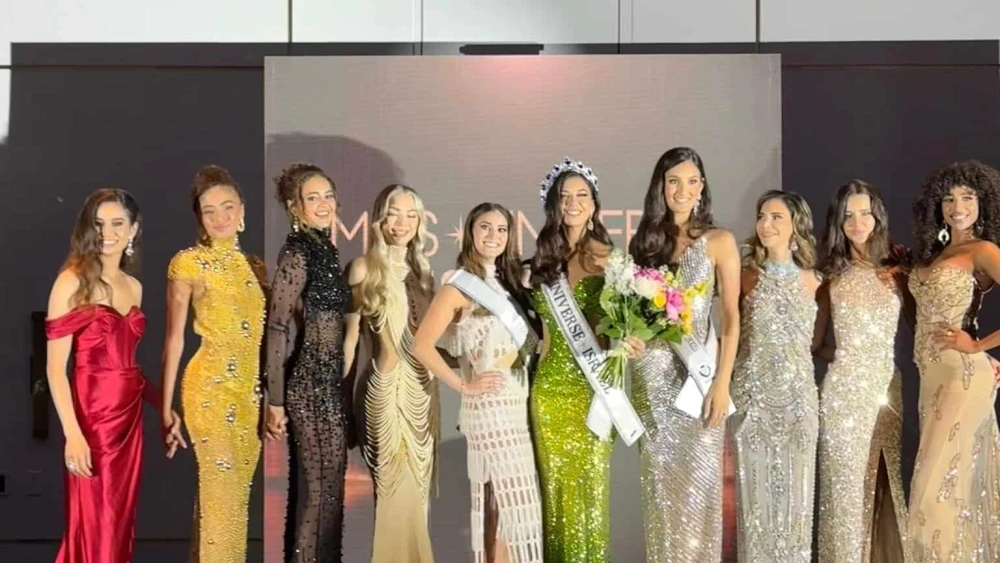 Israeli model Melanie Shiraz (center, in green dress) was crowned "Miss Israel" in Miami on July 19, 2025, and will represent the country at the international Miss Universe pageant in Thailand in November. Credit: Miss Universe Israel.