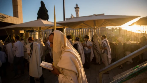 Jewish men pray at the entrance to the Temple Mount complex in Jerusalem on the holiday of Hoshana Raba, Oct. 11, 2017. Photo by Yonatan Sindel/Flash90.