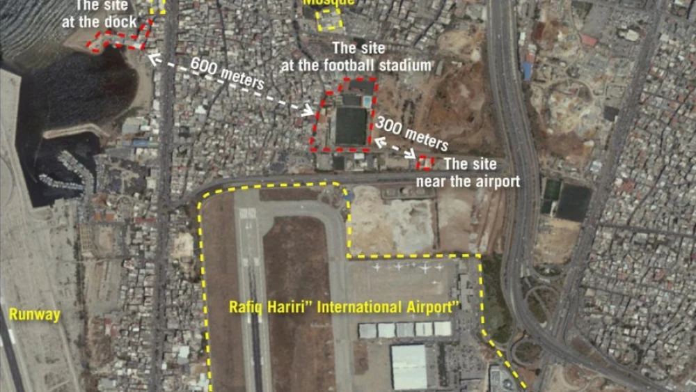 A satellite image released by the Israel Defense Forces on Sept. 27, 2018, showing three production sites near Beirut’s international airport used by Hezbollah to convert regular missiles into precision-guided missiles. Subsequently, the production plants were moved. Source: Israel Defense Forces.