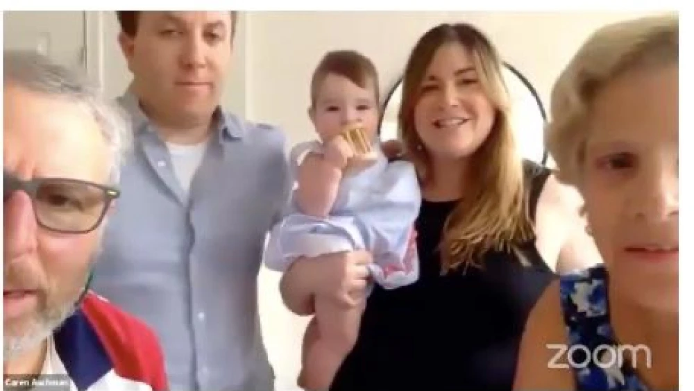 Simone Bregman, along with her parents, Aaron and Caren, and grandparents, Marty and Sharon, in a Zoom baby-naming ceremony conducted by Temple Ner Tamid in Peabody, Mass. Source: Screenshot.