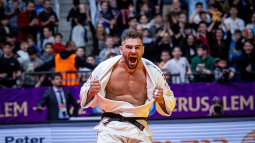 Israeli judoka Peter Paltchik after defeating Toma Nikiforov of Belgium in the men's -100 kg event of The Jerusalem Masters 2022, at the Pais Arena in Jerusalem, Dec. 22, 2022. Photo by Oren Ben Hakoon/Flash90.