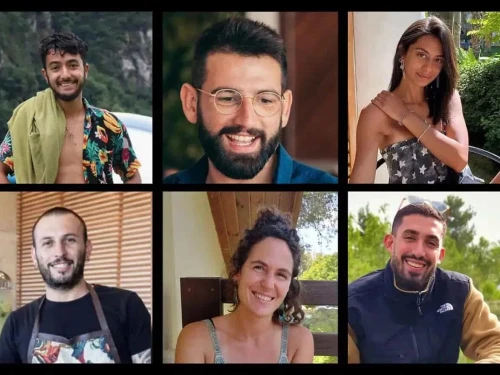 (From top left to right, clockwise) Hersh Goldberg-Polin, Almog Sarusi, Eden Yerushalmi, Alexander Lobanov, Carmel Gat and Ori Danino. Credit: Hostages and Missing Families Forum.