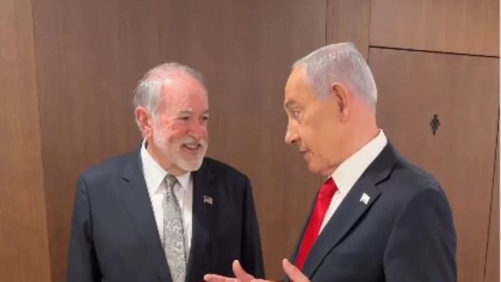Israeli Prime Minister Benjamin Netanyahu greets U.S. Ambassador to Israel Mike Huckabee in a video on X, March 17, 2026. Credit: X/Benjamin Netanyahu.