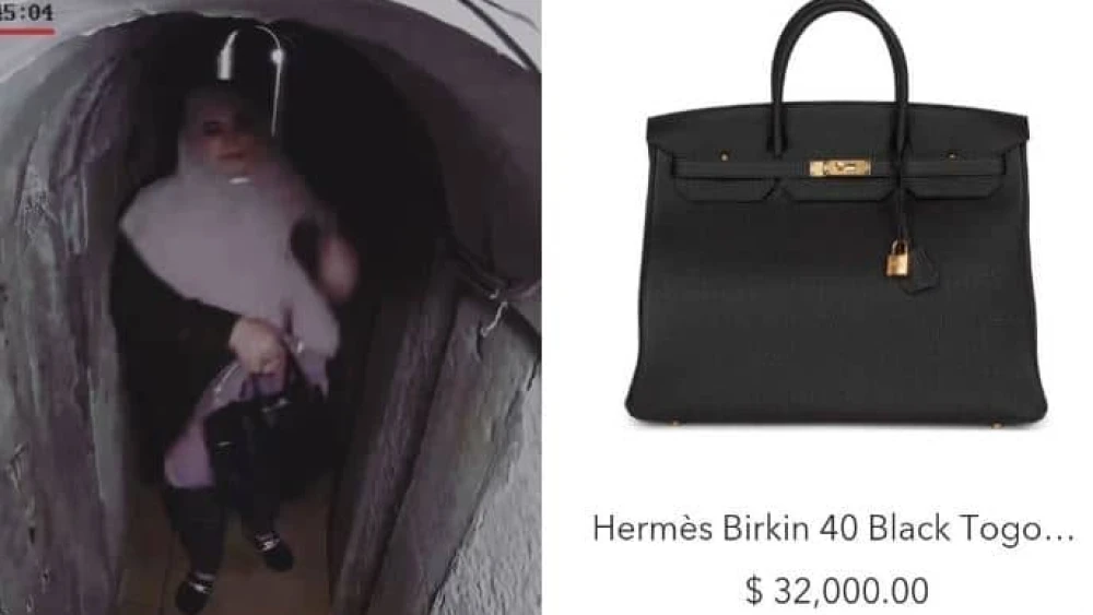 The wife of recently eliminated Hamas leader Yahya Sinwar seen holding a $32,000 Hermes bag while fleeing through tunnel. Credit: IDF.