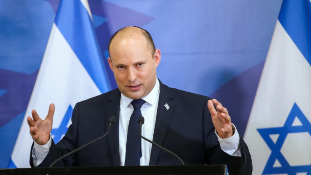 Israeli Prime Minister Prime Minister Naftali Bennett holds a press conference at HaKirya military base in Tel Aviv on Nov. 26, 2021. Photo by Moti Milrod/POOL.