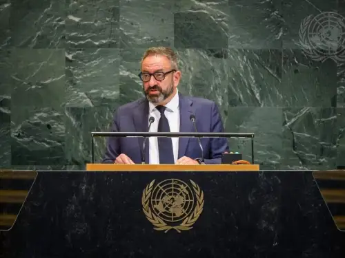 San Marino Foreign Minister Luca Beccari addresses the 80th session of the U.N. General Assembly in New York on Sept. 27, 2025. Credit: United Nations.