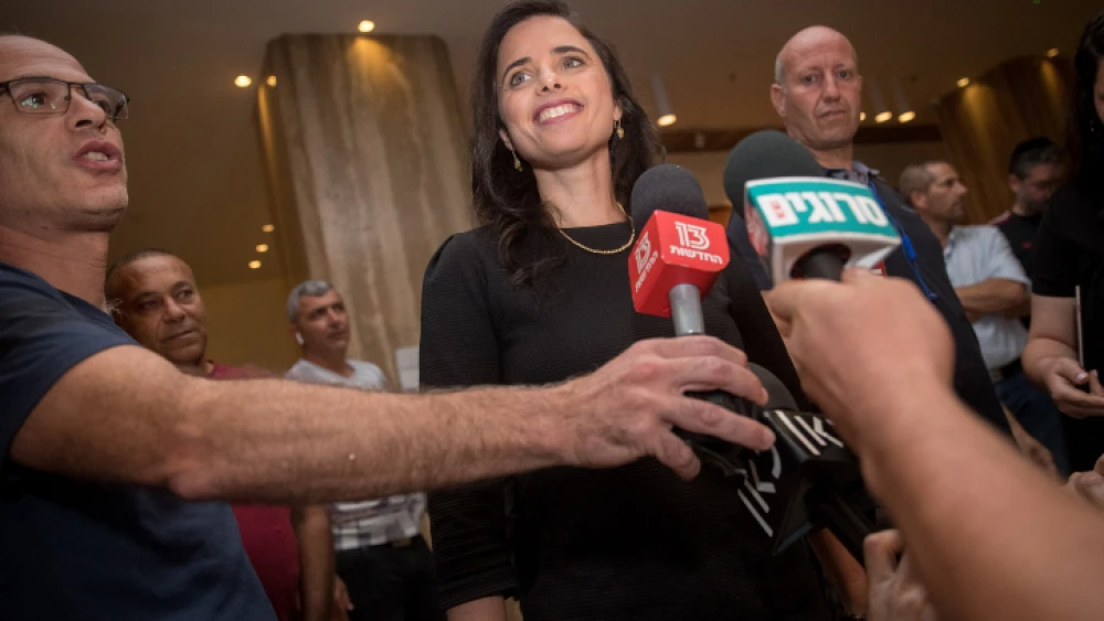 New Right Party chair Ayelet Shaked arrives at the Ramada Hotel in Jerusalem for a meeting with Jewish Home Party chair Rafi Peretz after announcing their union in Jerusalem ahead of the September elections, July 28, 2019. Photo by Yonatan Sindel/Flash90.