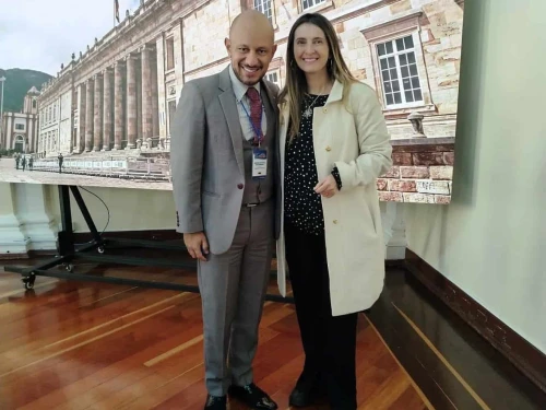 Lawmaker Andrés Castillo, head of the Ecuadorian Israel Allies Caucus, visiting Colombian Sen. Paloma Valencia, who chairs the Israel Allies Caucus in her country. Credit: Courtesy of Israel Allies Foundation, June 4, 2025.