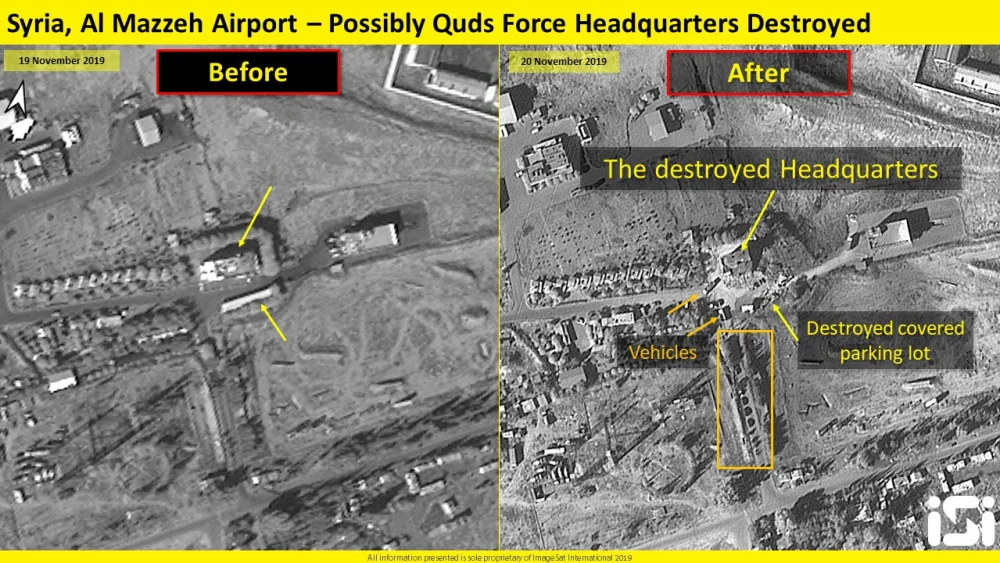 A satellite image of Israel's purported airstrikes on Syria showing damage to Iran's Revolutionary Guards Corps/Quds Force headquarters near the Al Mazzeh Airport in Syria. Source: ImageSat International.