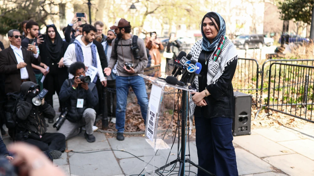 Palestinian-American activist Nerdeen Kiswani, leader of the anti-Israel group Within Our Lifetime, speaks during a press conference in New York on March 30, 2026, after U.S. authorities said they had disrupted an alleged plot targeting her. Photo by Charly Triballeau/AFP via Getty Images.