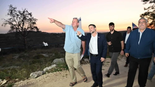 Israel’s Finance Minister Bezalel Smotrich is seen at the center-front of the picture while attending the inauguration ceremony of the Gvaot Forest Scenic Route (Derech Nof Gvaot) in Judea and Samaria on April 20, 2025. Credit: Meir Elipor.