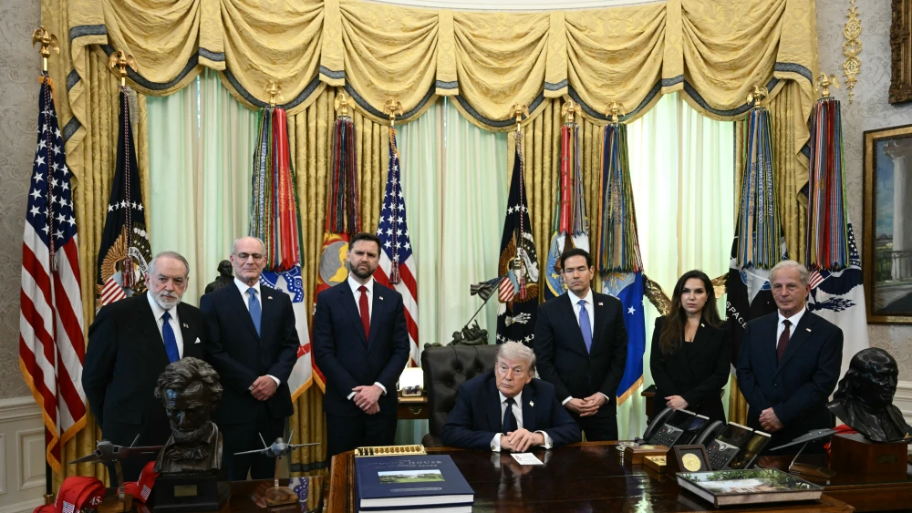 U.S. Ambassador to Israel Mike Huckabee, Israeli ambassador to the United States Yechiel Leiter, U.S. Vice President JD Vance, U.S. President Donald Trump, U.S. Secretary of State Marco Rubio, Lebanese ambassador to the United States Nada Hamadeh Moawad and U.S. Ambassador to Lebanon Michel Issa listen to questions from the media during a meeting at the White House in Washington, DC on April 23, 2026. Photo by Brendan Smialowski/AFP via Getty Images.