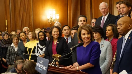 Speaker of the House Nancy Pelosi (D-Calif.) with other Democratic leaders and supporters on Capitol Hill. Credit: Twitter via Nancy Pelosi.