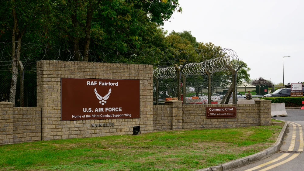 The main gate of RAF Fairford is pictured on September 27, 2026 in Fairford, United Kingdom. Photo by David Bown/Getty Images.