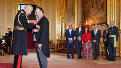 U.K. Chief Rabbi Ephraim Mirvis received the title of Knight Commander of the Order of the British Empire, July 11, 2023. Credit: Twitter.