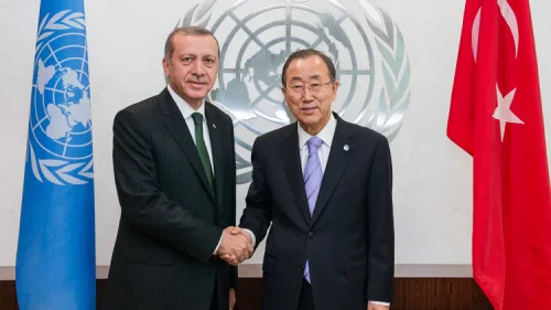 Turkish President Recep Tayyip Erdogan (left) shakes hands with United Nations Secretary-General Ban Ki-moon Sept. 22, 2014. Despite the Islamist values that Erdoğan has promoted during the past decade, Turkey remains globalized and deeply embedded into international institutions, writes JNS.org columnist Ben Cohen. Credit: UN Photo/Amanda Voisard.