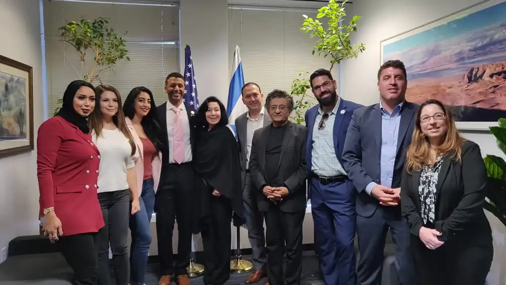 A delegation that toured California to promote the Abraham Accords meets with Oracle CEO Safra Catz (fifth from left) on Nov. 8, 2021. Credit: Courtesy of Sharaka.