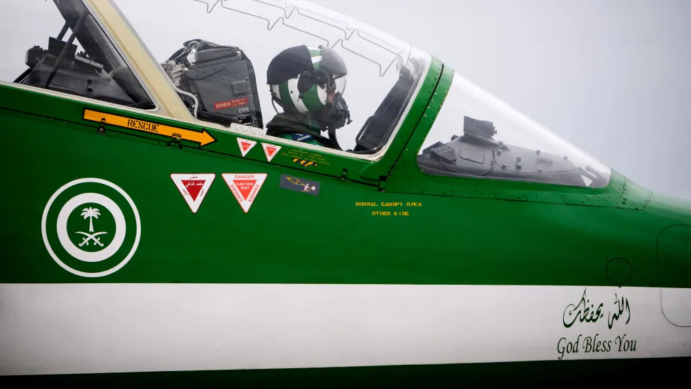 A Royal Saudi Hawks Air Force aerobatic pilot lands his aircraft after a training flight in the 701 Air Base in Salon-de-Provence, southern France, on May 18, 2023. Photo by Clement Mahoudeau/AFP via Getty Images.