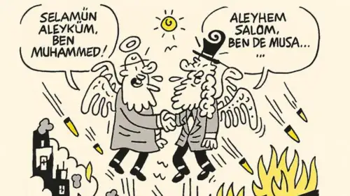 A caricature printed in the LeMan Turkish magazine on June 26, 2025 shows two bearded, winged men shaking hands and introducing one another as Musa and Mohammed. Photo credit: LeMan.