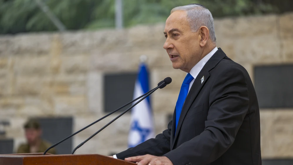 Israeli Prime Minister Benjamin Netanyahu attends a state memorial ceremony for victims of terror, at Mount Herzl military cemetery in Jerusalem, April 21, 2026. Credit: Dor Pazuelo/Flash90.