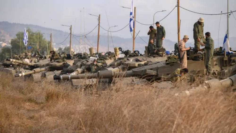 Israeli tanks at a staging area near the border with Lebanon, Oct. 11, 2023. Photo by Ayal Margolin/Flash90.