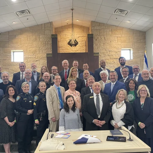 Sen. Ted Cruz (R-Texas) attends the rededication ceremony at Congregation Beth Israel in Colleyville, Texas, on April 10, 2022, four months after a hostage standoff there. Source: Twitter.