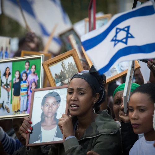 Israelis who immigrated from Ethiopia hold up family photos of loved ones who remain in Ethiopia during a protest to bring the rest of the Falash Mura in Jerusalem, on March 12, 2018. Credit: Yonatan Sindel/Flash90.