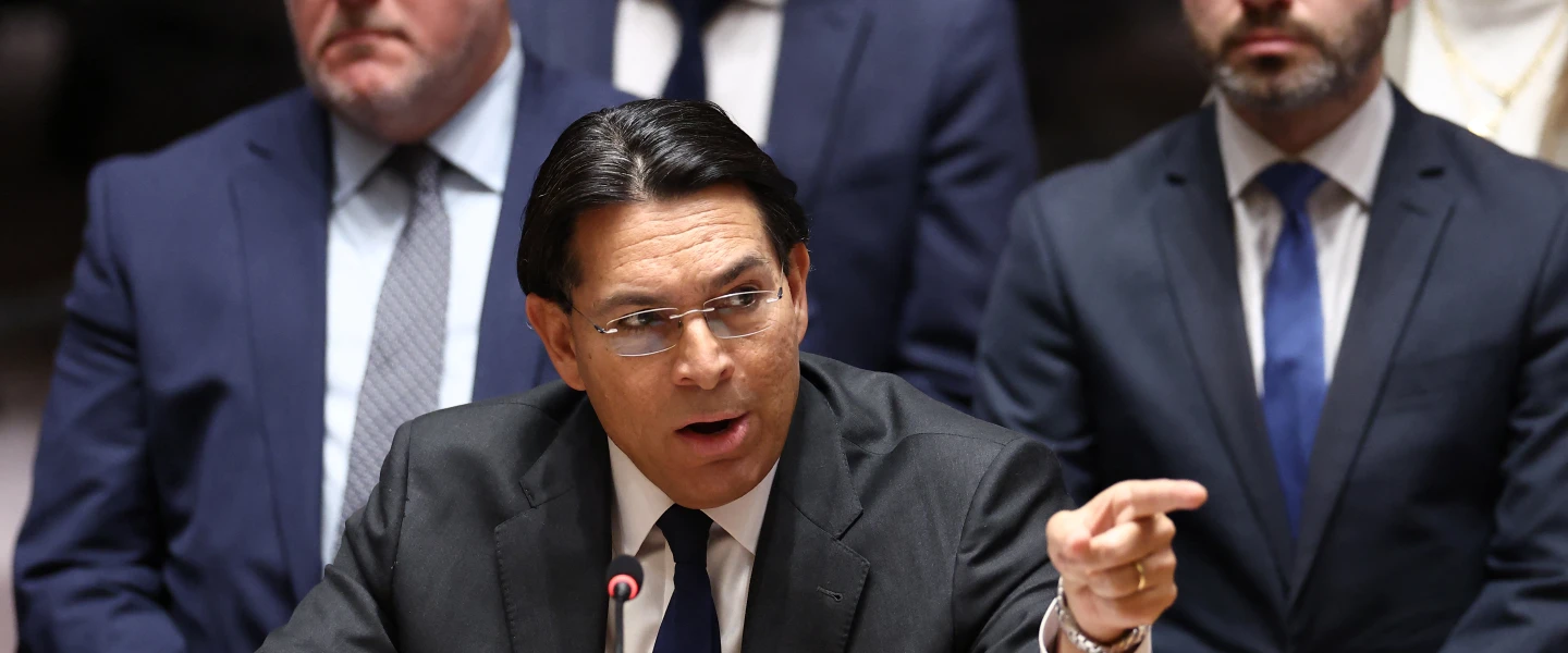 Danny Danon, Israeli ambassador to the United Nations, points toward the Iranian delegation during a U.N. Security Council meeting on the situation in the Middle East at U.N. headquarters in New York City on Feb. 28, 2026. Photo by Charly Triballeau/AFP via Getty Images.