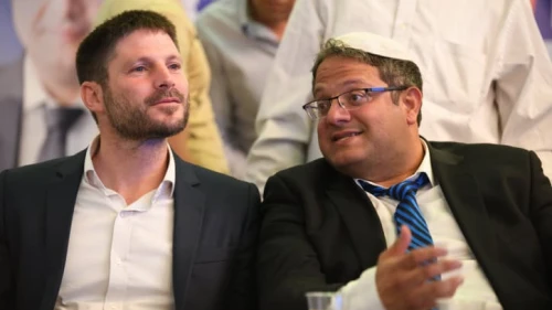 Betzalel Smotrich and Itamar Ben-Gvir attend the Otzma Yehudit Party's campaign event in Bat Yam, on April 06, 2019. Photo by Gili Yaari/Flash90.