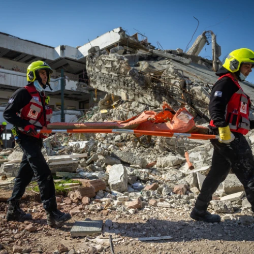 Firefighters, Jerusalem Emergency Department volunteers and IDF Home Front Command soldiers take part in a drill simulating a building collapse following an earthquake in Ma'ale Adumim, Feb. 14, 2023. Photo by Yonatan Sindel/Flash90.