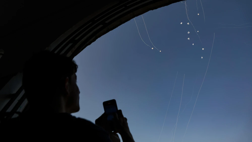 An anti-missile system fires interception missiles at rockets fired from Lebanon, in Kiryat Yam, near Haifa, on Nov. 7, 2024. Photo by David Cohen/Flash90.