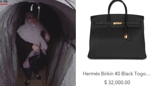 The wife of recently eliminated Hamas leader Yahya Sinwar seen holding a $32,000 Hermes bag while fleeing through tunnel. Credit: IDF.