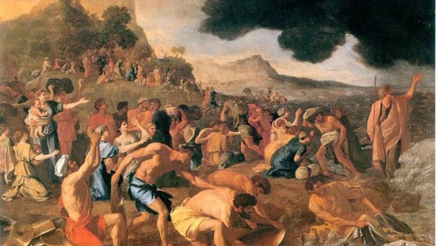 Click photo to download. Caption: "The Crossing of the Red Sea," a painting by Nicholas Poussin. Credit: Nicholas Poussin via Wikimedia Commons.