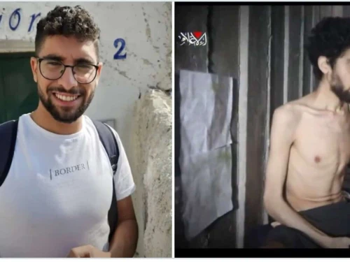 Israeli hostage Evyatar David, left, pictured before his capture by Hamas terrorists on Oct. 7, 2023, and during his captivity in Gaza in a still image taken from a video released on Aug. 1, 2025. Source: @RitchieTorres/X.