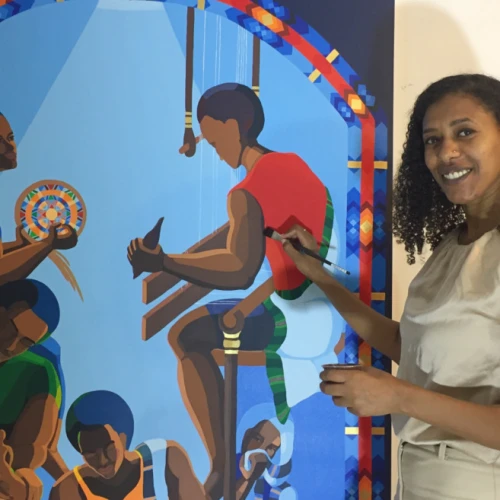 Nirit Takele at work in her studio. Photo by Diana Bletter.