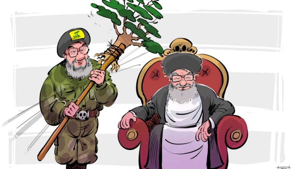 Hezbollah head Hassan Nasrallah uses a Lebanese cedar tree to fan Iran’s Supreme Leader Ali Khamenei. Credit: Yaliban.